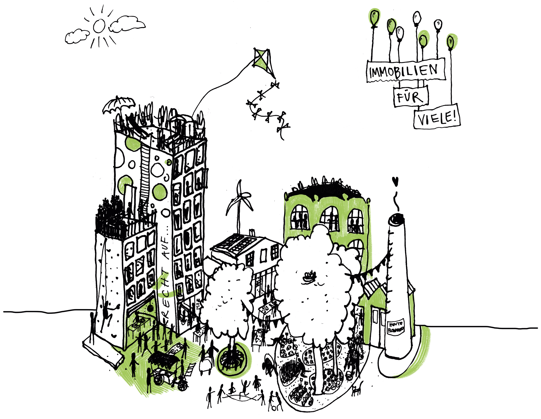 Immovielien Gebaeude © Hannah Kordes Illustration von einem Gebäude und vielen Menschen